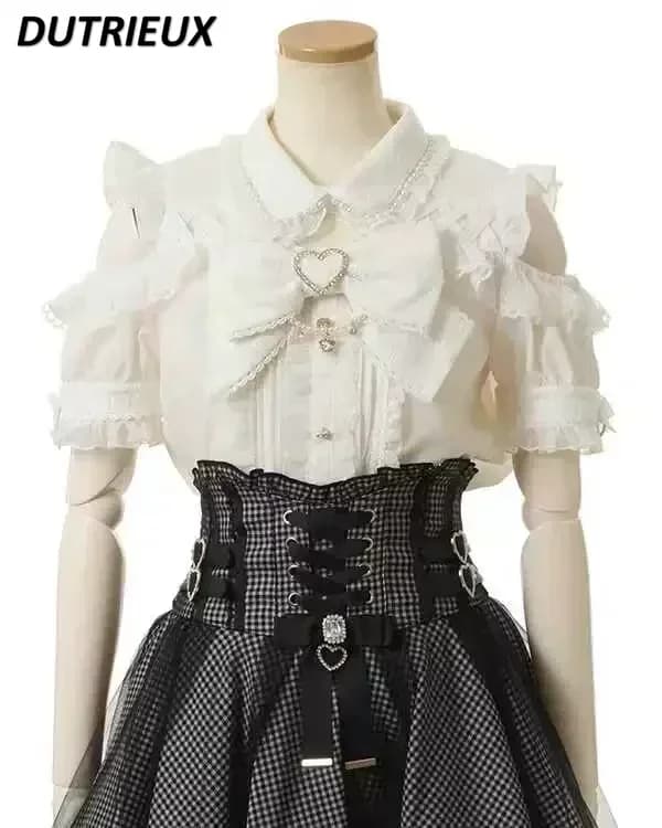 Estate New Lolita Camicia a maniche corte Gonne Miniera giapponese Off-spalla Colletto di perle Carino dolce grande fiocco Camicia Gonna Outfit Donna