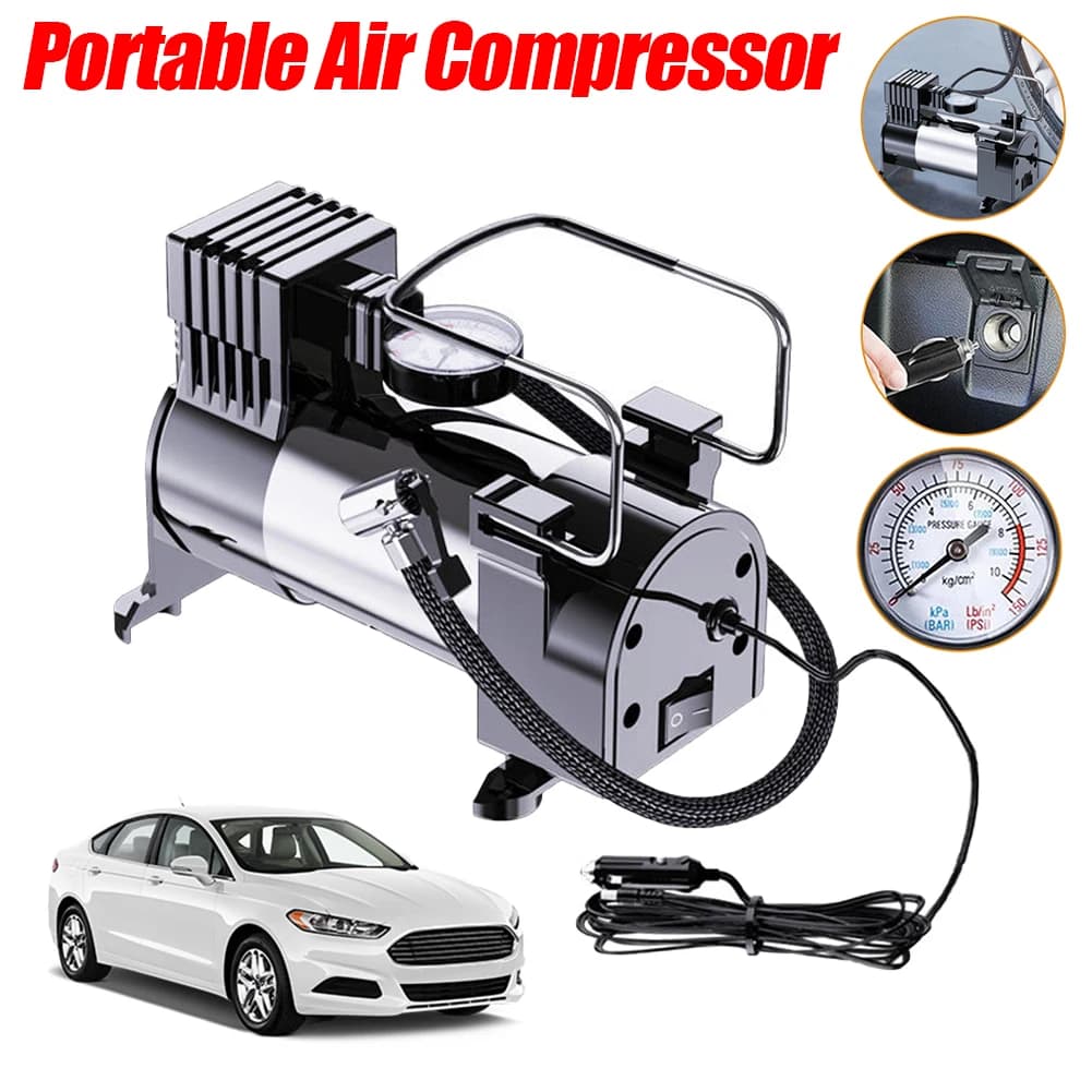 Compressore d'Aria Portatile 12V con Manometro, Pompa per Pneumatici Auto, Sistema di Alimentazione a Cilindro, Mini Compressore d'Aria per Gonfiaggio Pneumatici Auto