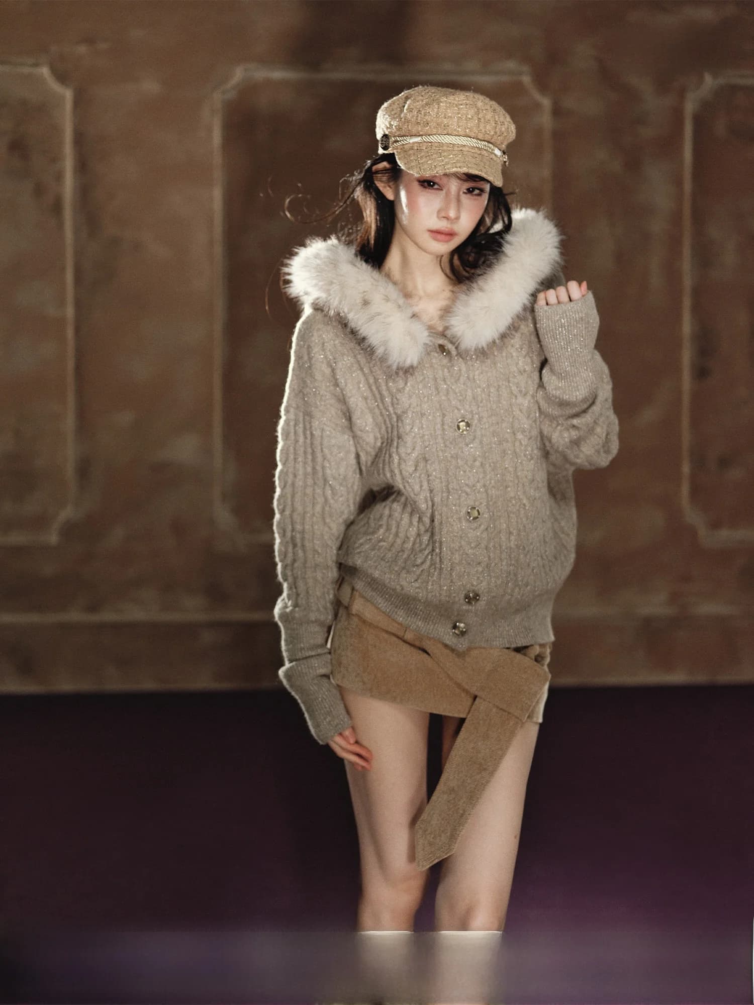 AGAM Detachable Fur Collar Shiny Twisted Knit Hat Cardigan Sheep Leg Sleeve Lazy Loose Feeling Sweater Jacket Women's Fashion