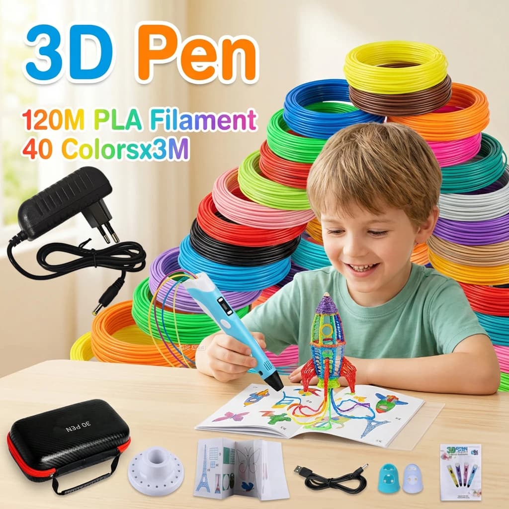 3D Pen for Children with LCD Screen, Power Adapter, PLA 3M Filament in 40 Colors, DIY Gift for Christmas and Birthday