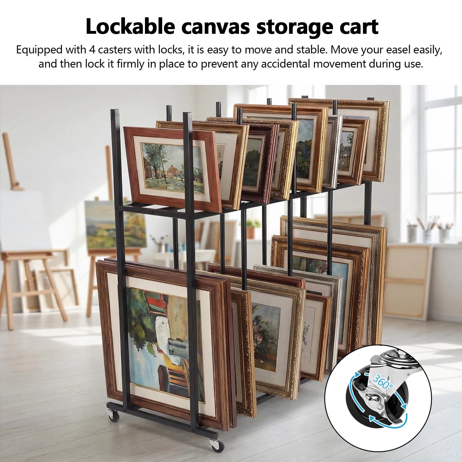Espositore a 2 livelli grande per opere d'arte con ruote, organizer versatile per tele, quadri, materiale stampato, blocchi di carta e gallerie d'arte