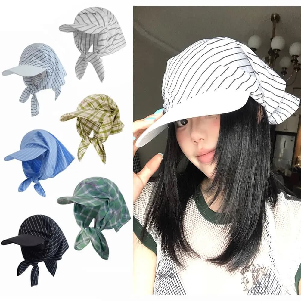 Retro Plaid Headscarf Hat Breathable Adjustable Strap Headscarf Hat Sun Protection Sun Cap Sunshade Baseball Caps