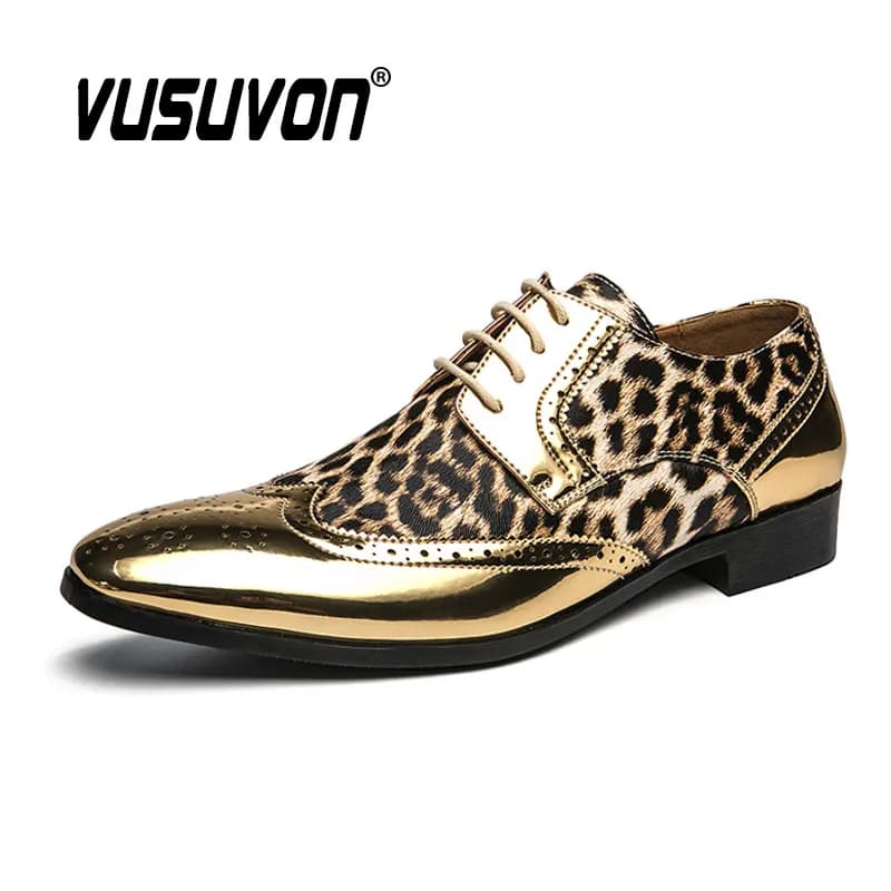 Luxury Leopard Print Formal Men Derby Dress Shoes mocassini classici Lace-Up Silver Golden Causal Footwear 39-45