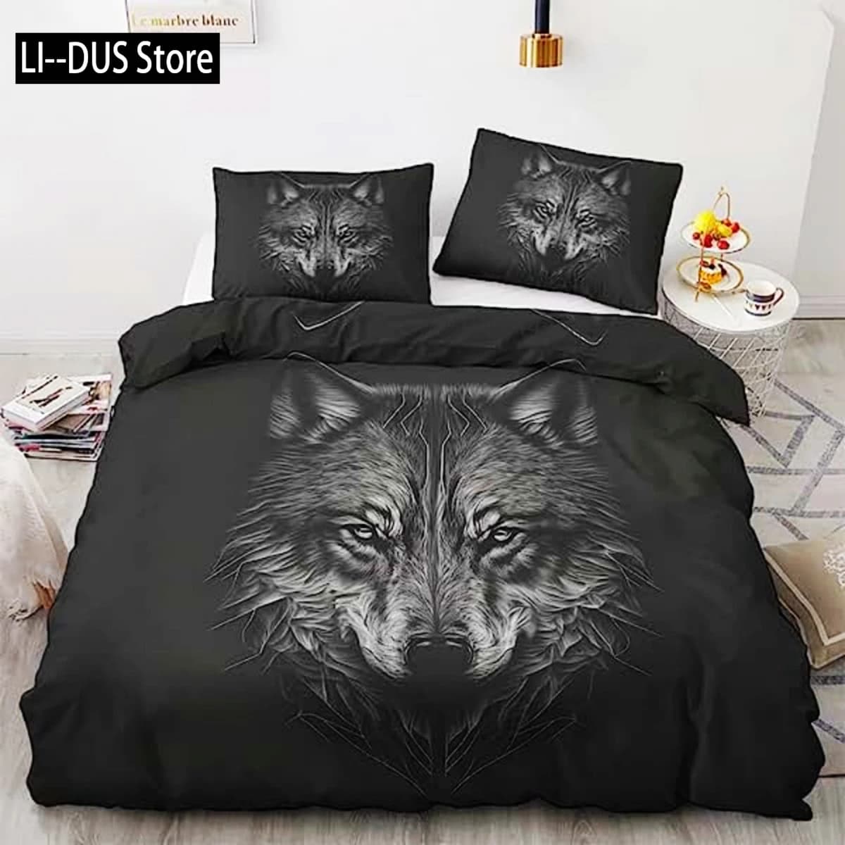 Copripiumino Set di biancheria da letto 3D animale lupo bianco nero per decorazioni per la camera da letto per bambini adulti Piumino in stile esotico in morbida microfibra