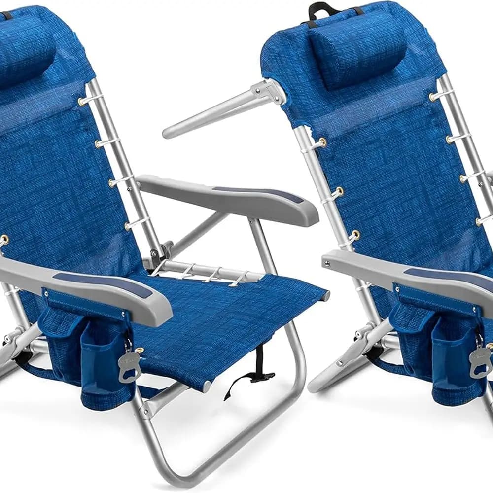 Set di sedie da spiaggia pieghevoli in 2 pezzi con dispositivo di raffreddamento XL, 5 posizioni reclinabili, portasciugamani, portaoggetti e portabicchieri/telefono