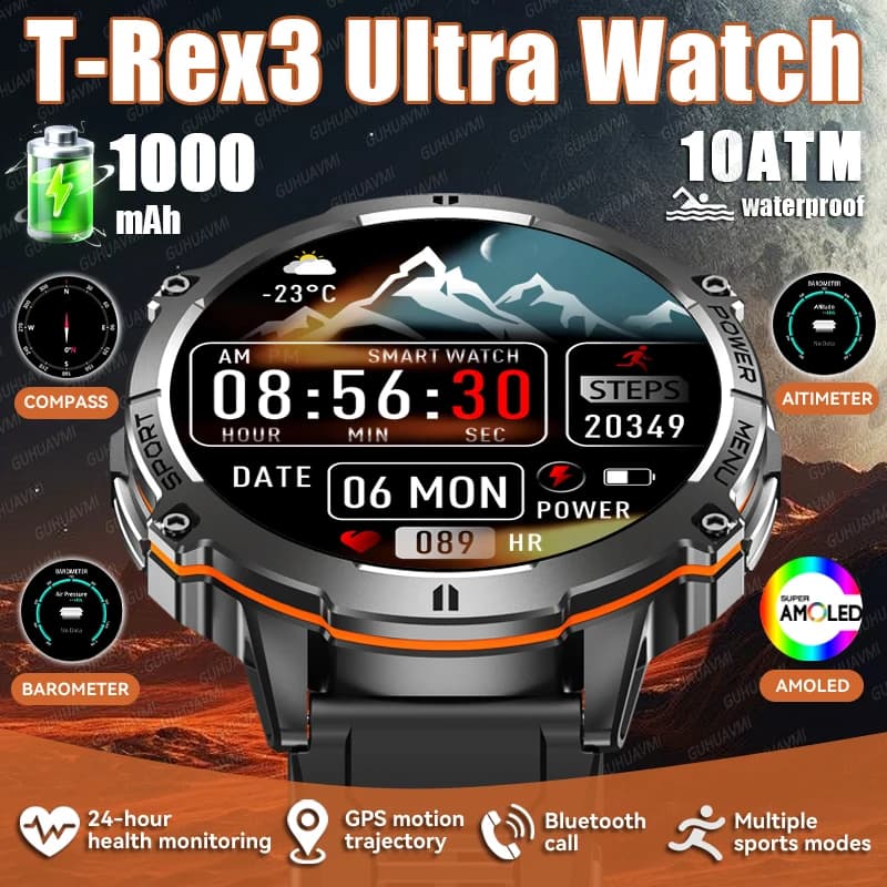 Nuovo Militare T-Rex3 1000mAh Batteria SmartWatch Da Uomo 10ATM Impermeabile GPS Bussola da 1.73 pollici AMOLED Schermo Chiamata Sport Smartwatch