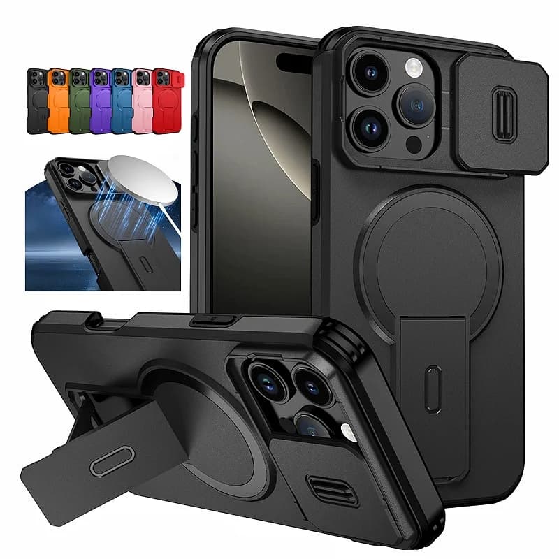 Per Magsafe Custodia di ricarica wireless magnetica per IPhone 16 15 14 13 12 11 Pro Max Plus 16e Armatura Stand Slide Lens Protector Cover