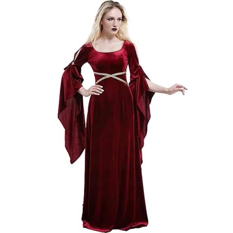 Women Medieval Dress Red Queen Cosplay Costume Renaissance Maxi Robe Halloween Vampire Cosplay Party Outfit