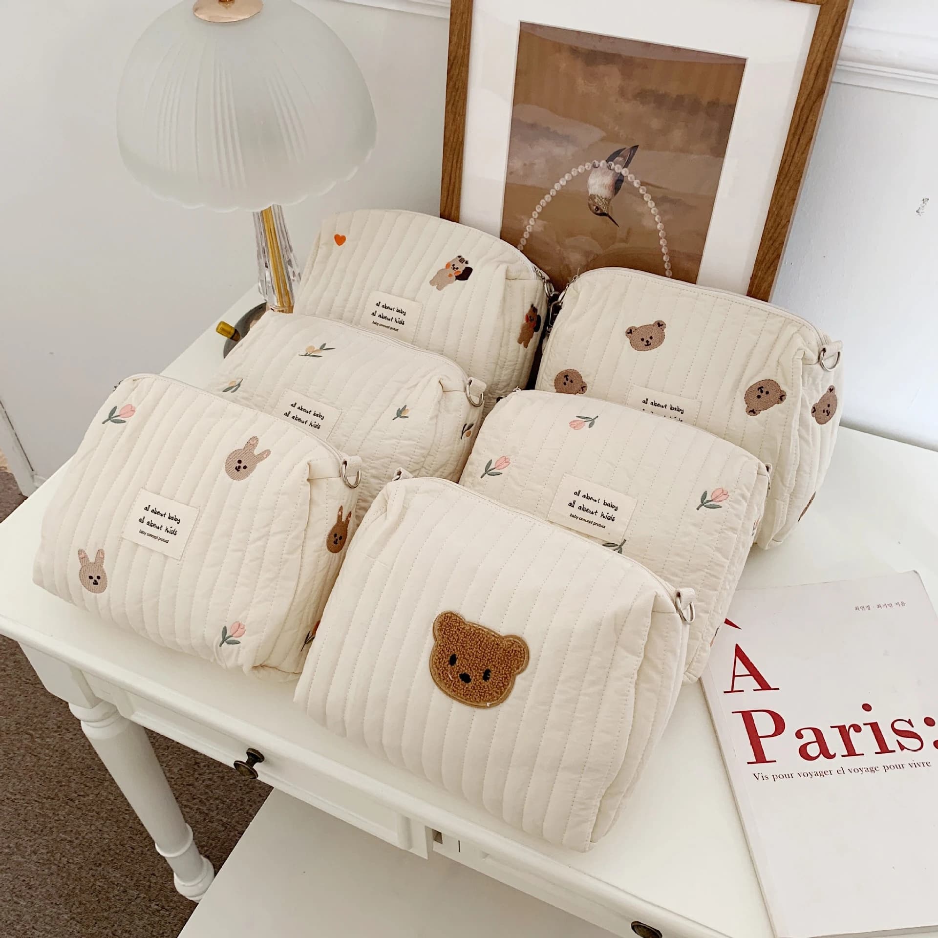 Borsa Portatile in Cotone con Cerniera, Borsa per Pannolini Ricamata, Organizer Riutilizzabile per Assorbenti Igienici, Borsa per Passeggino, Borsa per Cosmetici