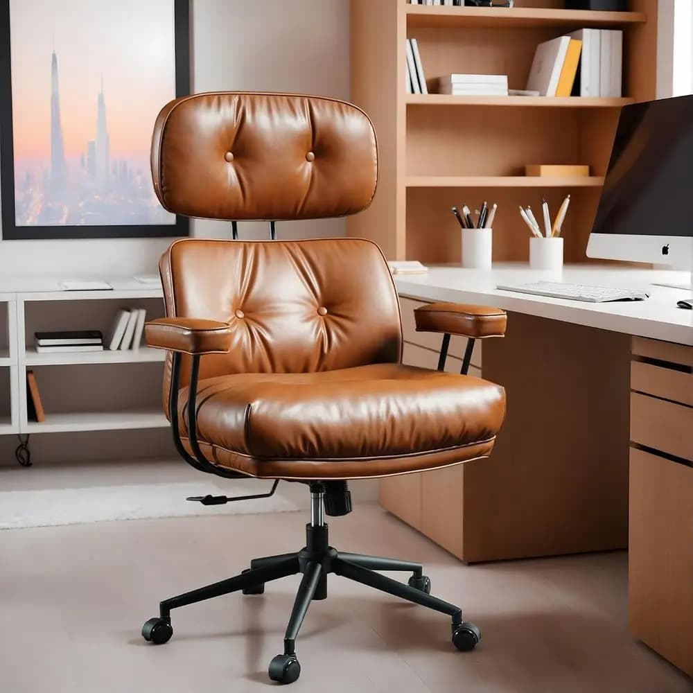 Sedia da Ufficio Ergonomica con Schienale Alto e Seduta Imbottita Profonda, in Pelle Marrone, Supporto Lombare per Persone Alte e Robuste (Marrone Chiaro)