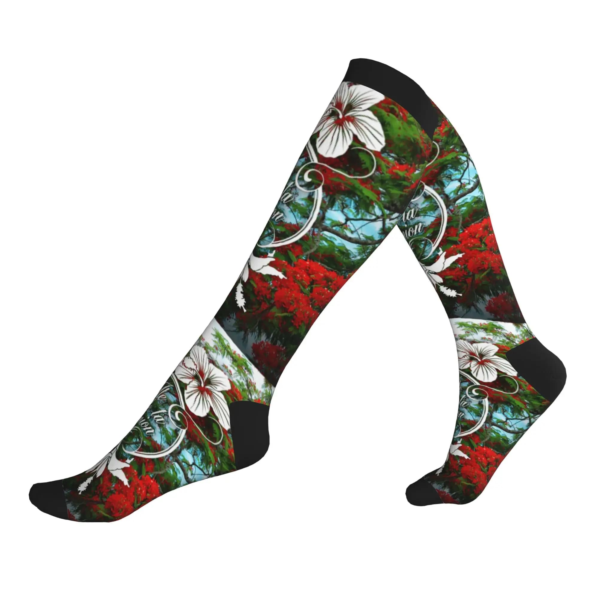 974 Calzini sportivi a compressione per uomo e donna dell'Isola di Reunion, calzini unisex divertenti con stampa 3D, calzini vivaci e con motivo hibiscus