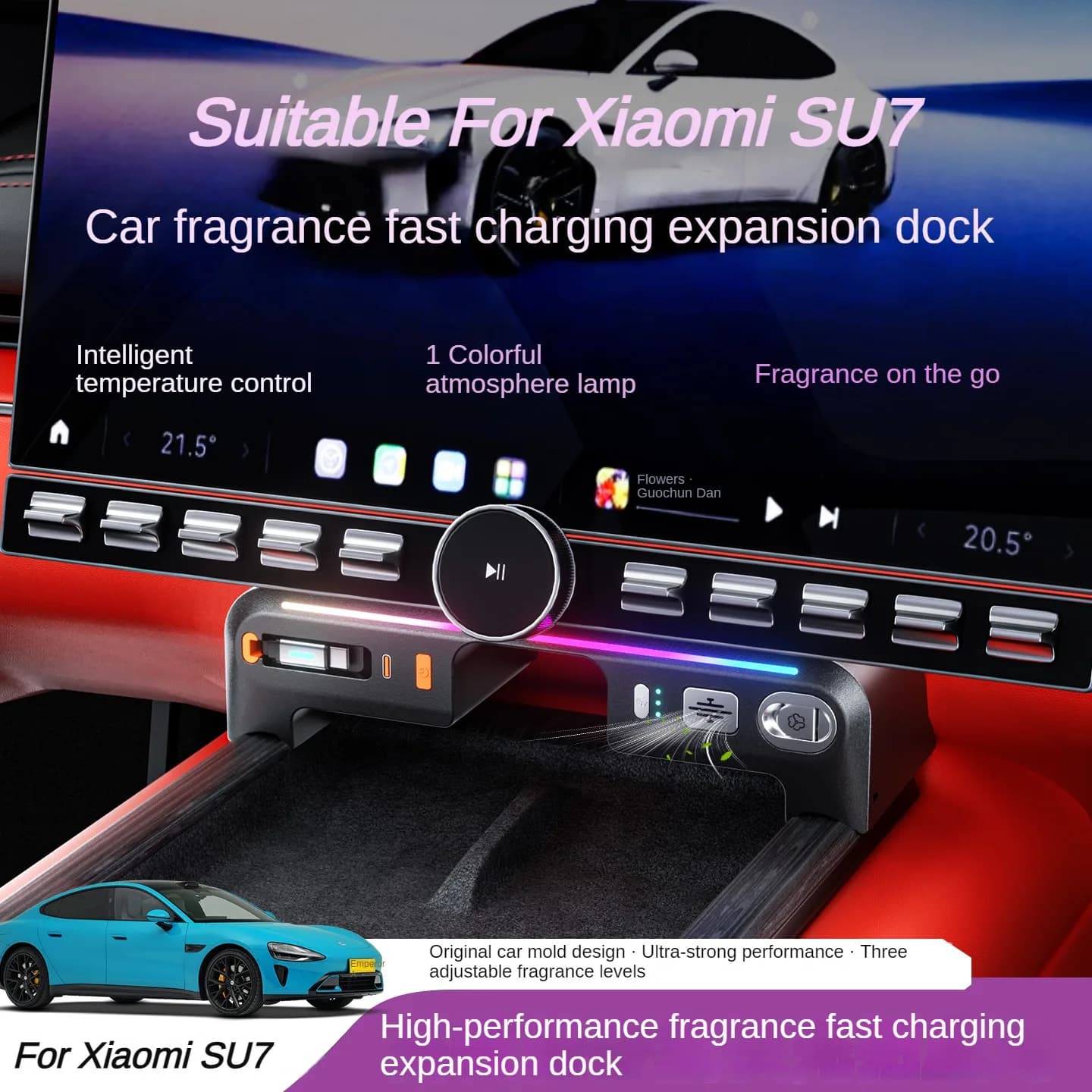 Quick Charger 130W for Xiaomi SU7 Ultar 2025, Charging Station with USB Splitter and Car Deodorant