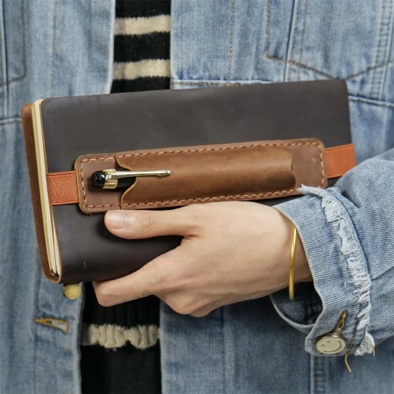 PU Leather Pen Holder with Adjustable Elastic Band Leather Pen Sleeve for Hardcover Notebook Planner Journal Folder D2RC