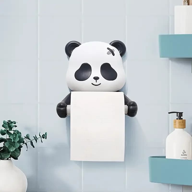 Porta carta igienica da parete con panda dei cartoni animati, 1 pezzo, materiale plastico, installazione autoadesiva, nessuna perforazione richiesta