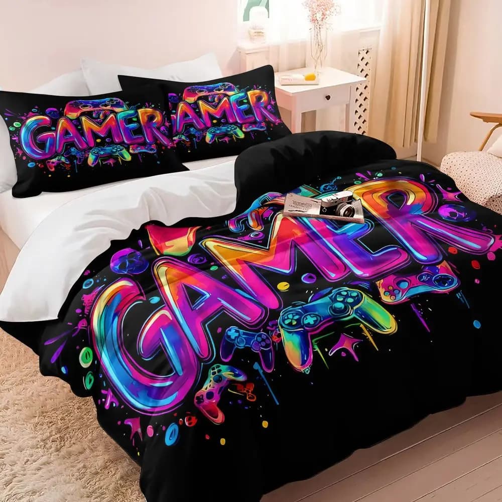 Gamer Duvet Cover Set(1 Duvet Cover & 1/2 Pillowcase) Soft Breathable Bedding Set Aesthetic Room Decor for Bedroom Teens