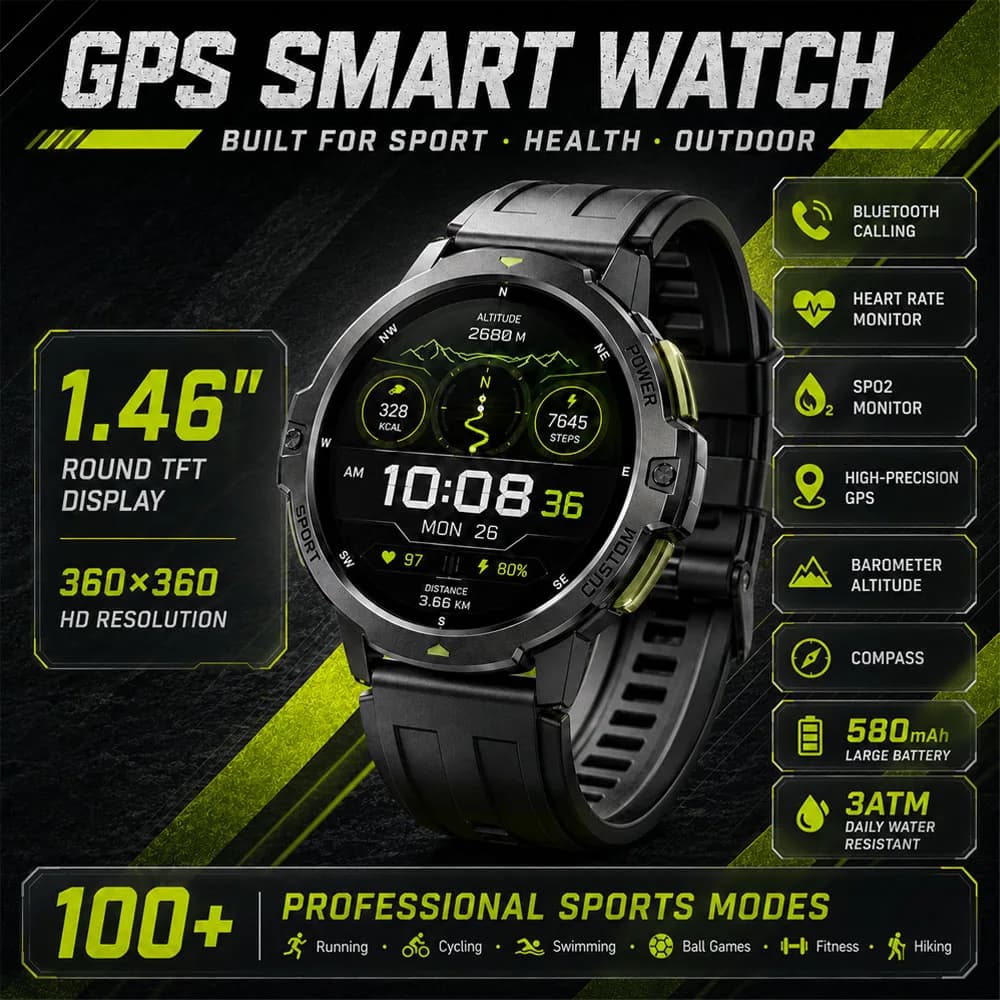 NEW Military GPS Smartwatch 3ATM Waterproof 580mAh LARGE BATTERY COMPASS Sports Wrist Smart Watches for Man Woman 2026 Android