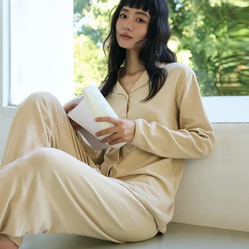 Women's Homewear Autumn Winter Solid Color Set Loose Button Turn-down Collar Sleeve Top Casual Long Pants Soft Outerwear Pajamas