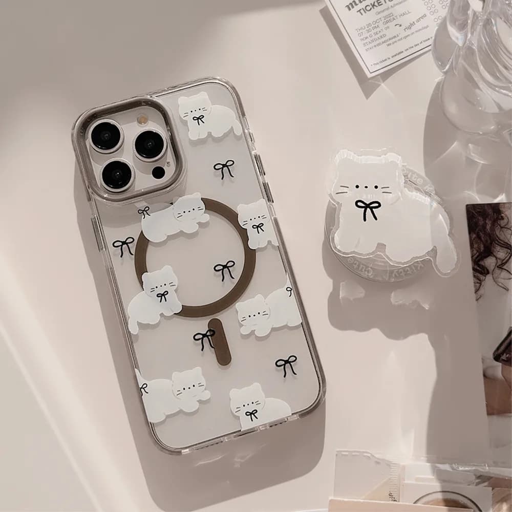 Custodia Protettiva Trasparente Antiurto per iPhone 17 16 15 14 13 12 Pro Max con Supporto Magnetico a Forma di Gattino Coreano Bianco