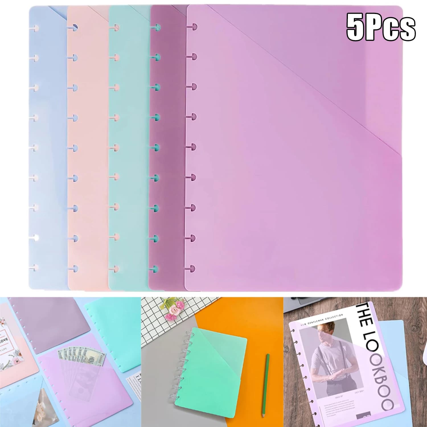 5 divisori rilegati a disco con tasche, quaderno rilegato a disco 7x9,25'', 9 inserti per planner rilegati a disco, divisori in plastica con indice tascabile