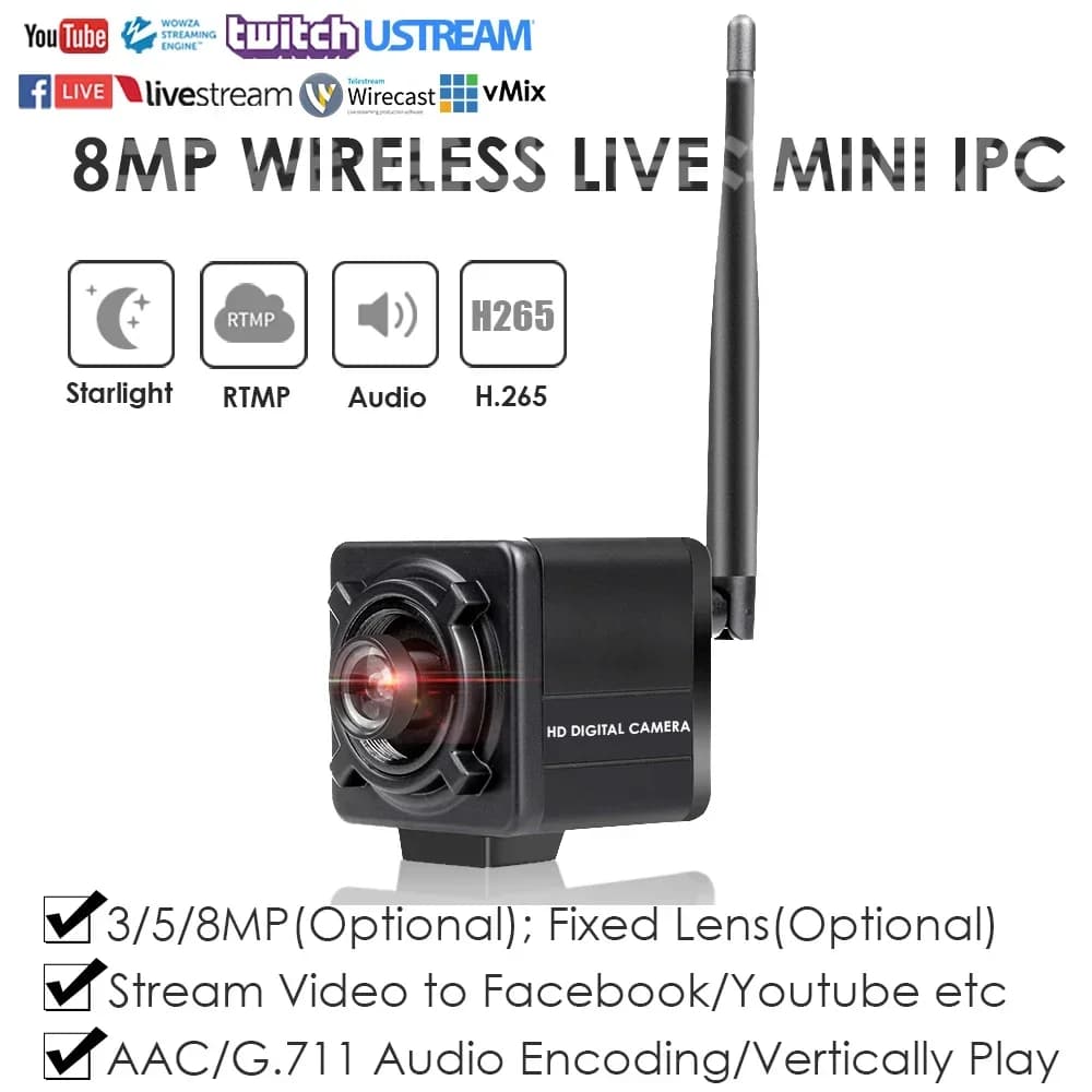 Wireless IP Camera WiFi RTMP 4K 8MP Mini Cube Streaming Live Video Push for YouTube/Facebook/Wozza Onvif Detection Internal Motion