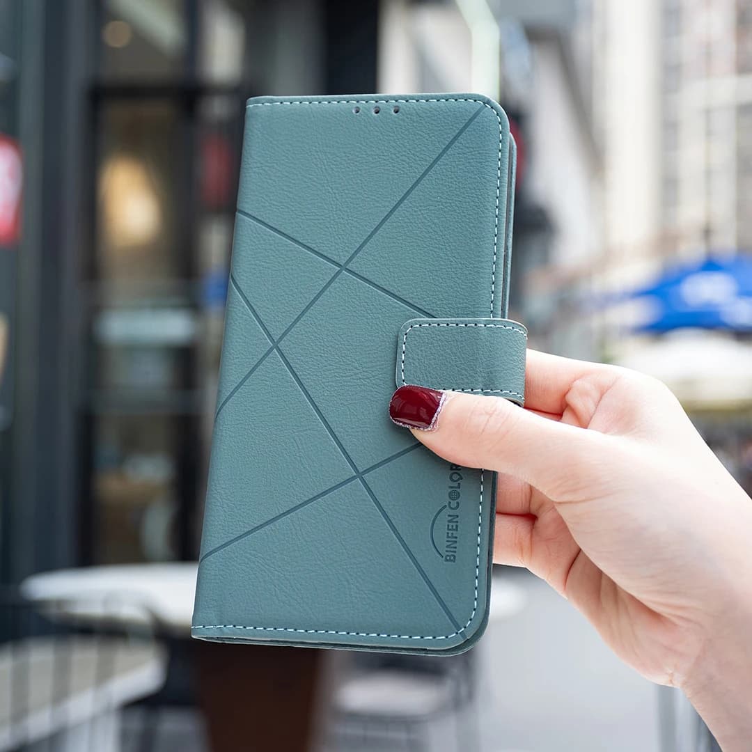 Custodia a portafoglio RFID per Google Pixel 10A in pelle con motivo geometrico e slot per carte