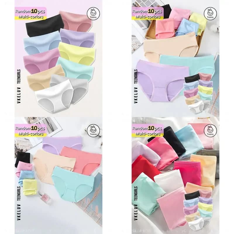 10Pcs Teen Girls Macaron Color Triangle Briefs Soft Breathable Elastic Knit Underwear All‑Season Regular Fit 170gsm Daily Wear Girls Panties