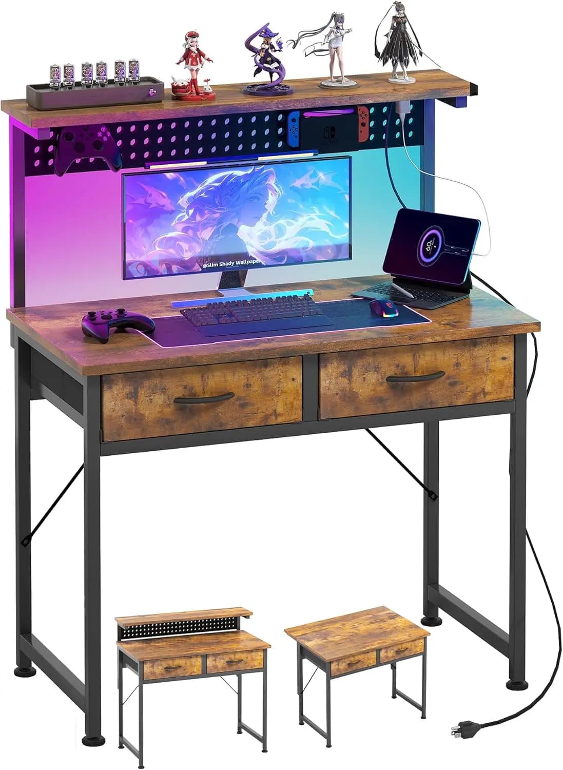 Small Desk with Drawers, 31 Inch Computer Desk with Power Outlet & LED Light, Gaming Desk with Adjustable Monitor Stand & Pegboa