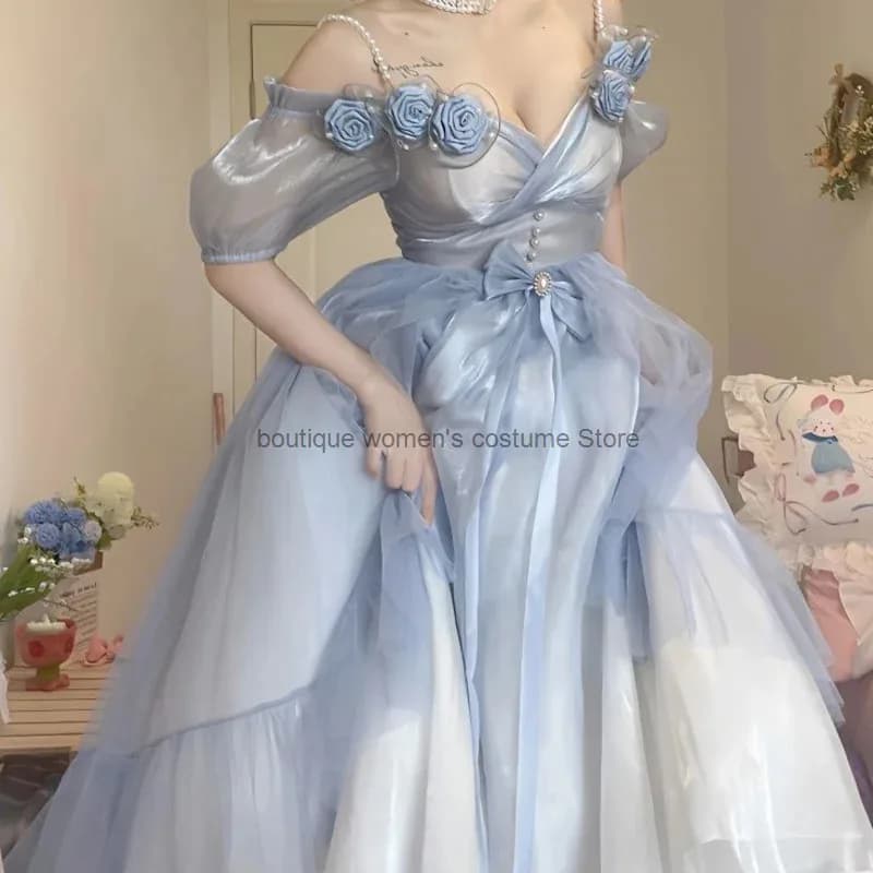 Dolce ed elegante abito Lolita blu graduale Abito da sposa a fiori da donna Abito da principessa fata rosa chiaro Abito da regalo per ragazza