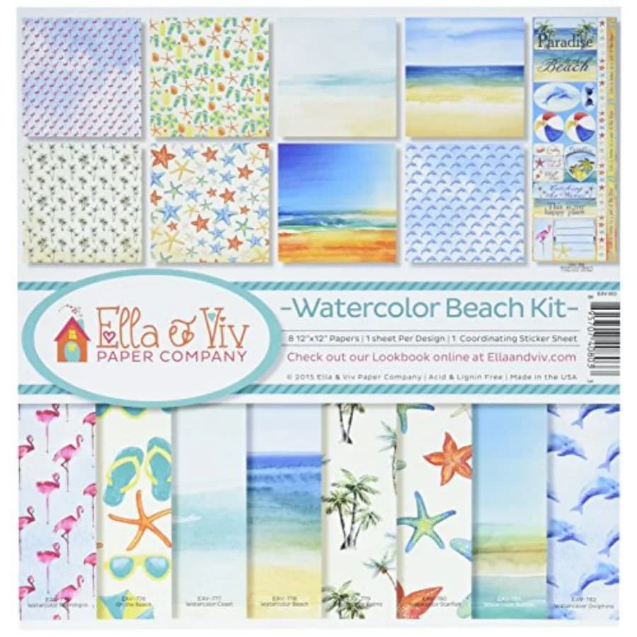 EAV-803 Watercolor Beach Scrapbook Collection Kit, 10 Piece Set