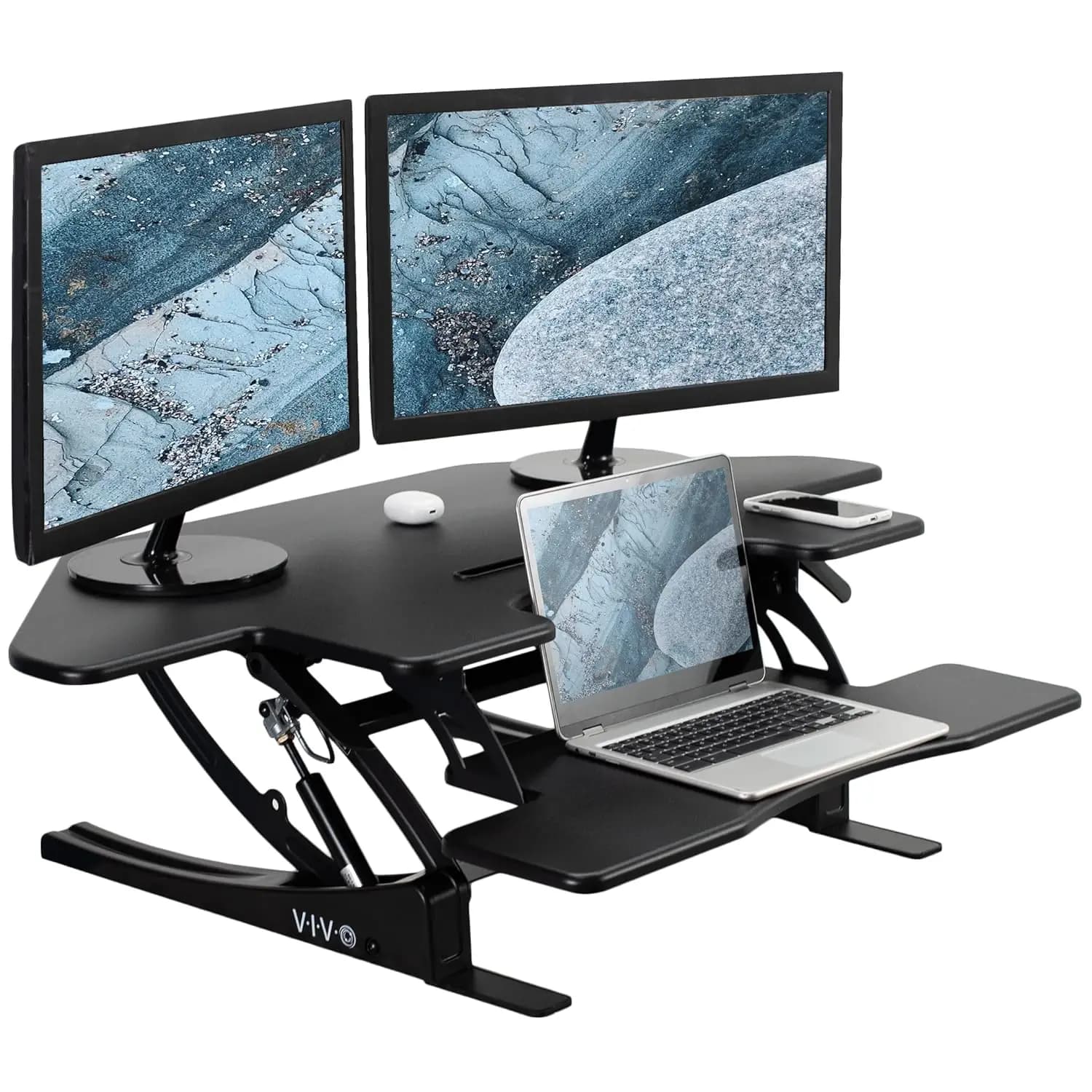 Convertitore per Scrivania Angolare Regolabile in Altezza da 43 Pollici con Supporto per Doppio Monitor, Postazione di Lavoro Nera, Personalizzabile