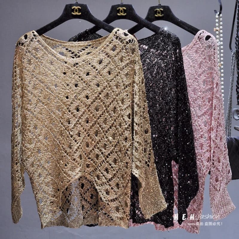 Vestiti autunnali per le donne 2024 moda sexy paillettes scava fuori allentato oro brillante abito di seta pipistrelli colletto tondo a maniche lunghe lavoro a maglia