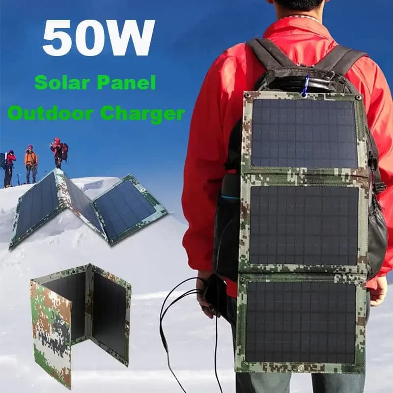 Pannello solare pieghevole da 50 W Pannello solare doppio USB Pannello esterno impermeabile Caricatore solare Caricabatteria mobile + cavo