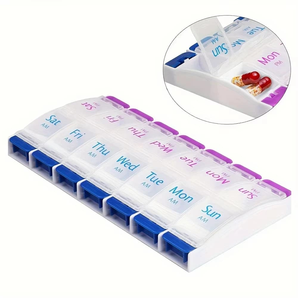 Portapillole con pulsante, organizer settimanale per medicinali 2 volte al giorno, adatto per artrite, con coperchi trasparenti, senza BPA, per vitamine e compresse quotidiane