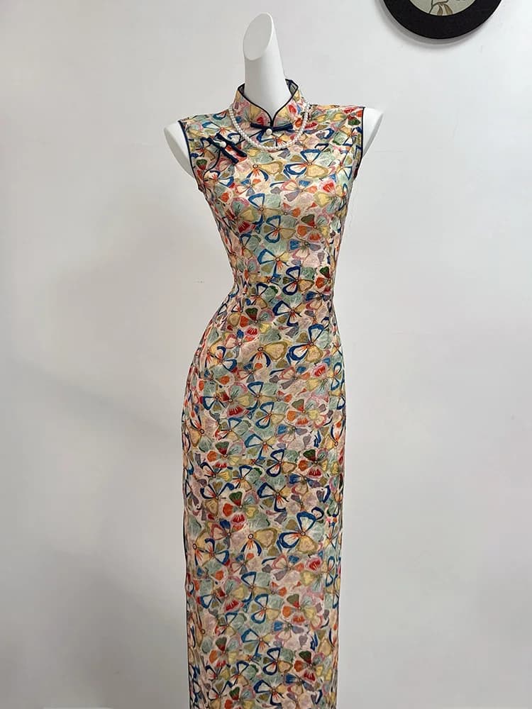 Elegant Young Girl Slimming Summer Dress Retro Style Midi Skirt Low Slit No Sleeve Floral Patterned Women'...