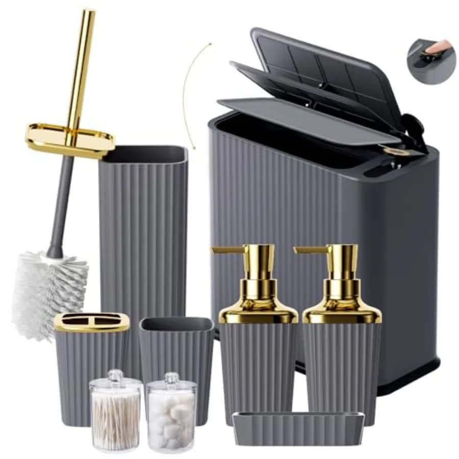Set di Accessori per Bagno da 9 Pezzi - Kit Durevole ed Elegante con Cestino Sottile, Spazzola per WC e Dispenser di Sapone - Salvaspazio
