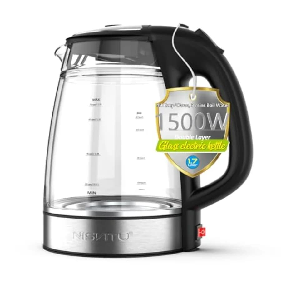 Bollitore Elettrico Senza Fili con Corpo in Vetro e Acciaio Inossidabile per Bollire l'Acqua, Esterno in PC + Interno in Vetro, 1.7L 1500W Nero Automatico