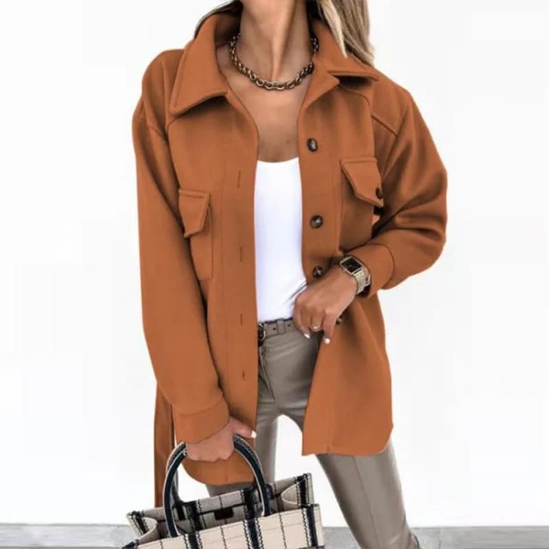 2025 Nuovo Autunno Inverno Donna a maniche lunghe Temperamento Tinta unita Risvolto con bottoni Giacca di lana con lacci