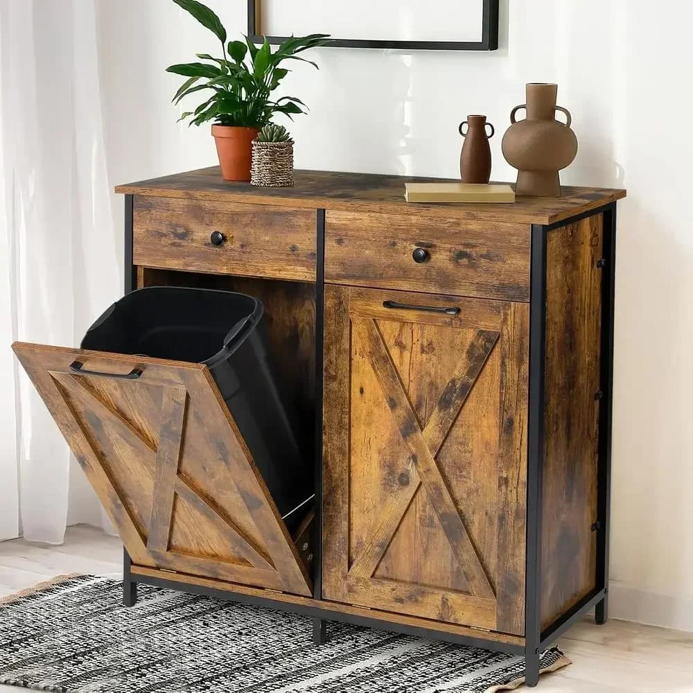 20 Gallon Wooden Kitchen Recycling Cabinet with Hidden Trash Bin and Tabletop, Dog-Proof Garbage Can Holder (Retro Brown)