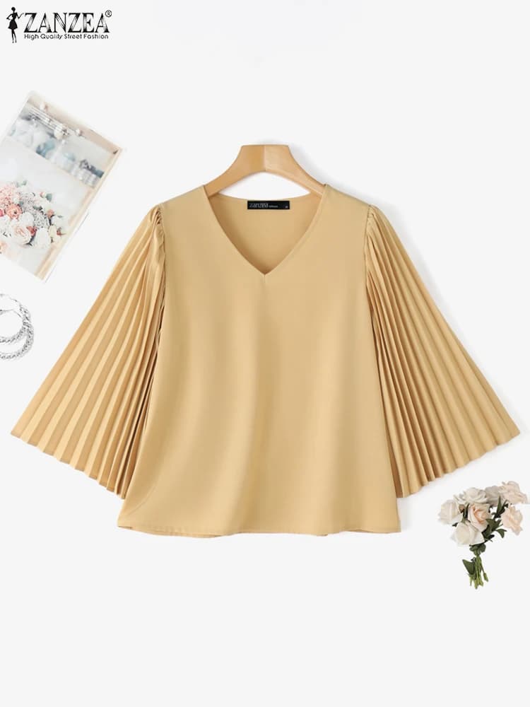 ZANZEA Camicette da donna 2025 Estate Manica 3/4 Camicie a pieghe Tinta unita Sexy scollo a V Casual Tunica allentata Top Moda Elegante Blusa