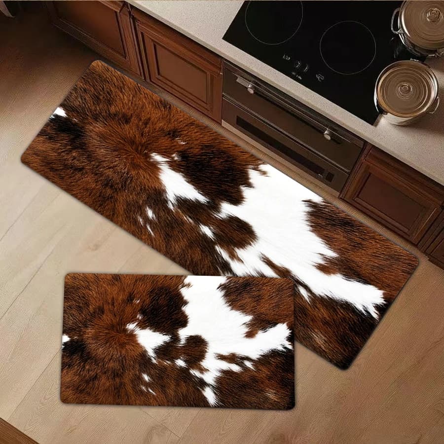 1/2/3Pcs Flannel Kitchen Mat—Modern Faux Cowhide Rug Soft Flannel Floor Mat Brown And White Animal Print Carpet Area Rug For Living Room Bedroom Home Decor Fashion—Soft,Comfortable,Suitable For Bathroom,Bedroom,Kitchen,Laundry Room