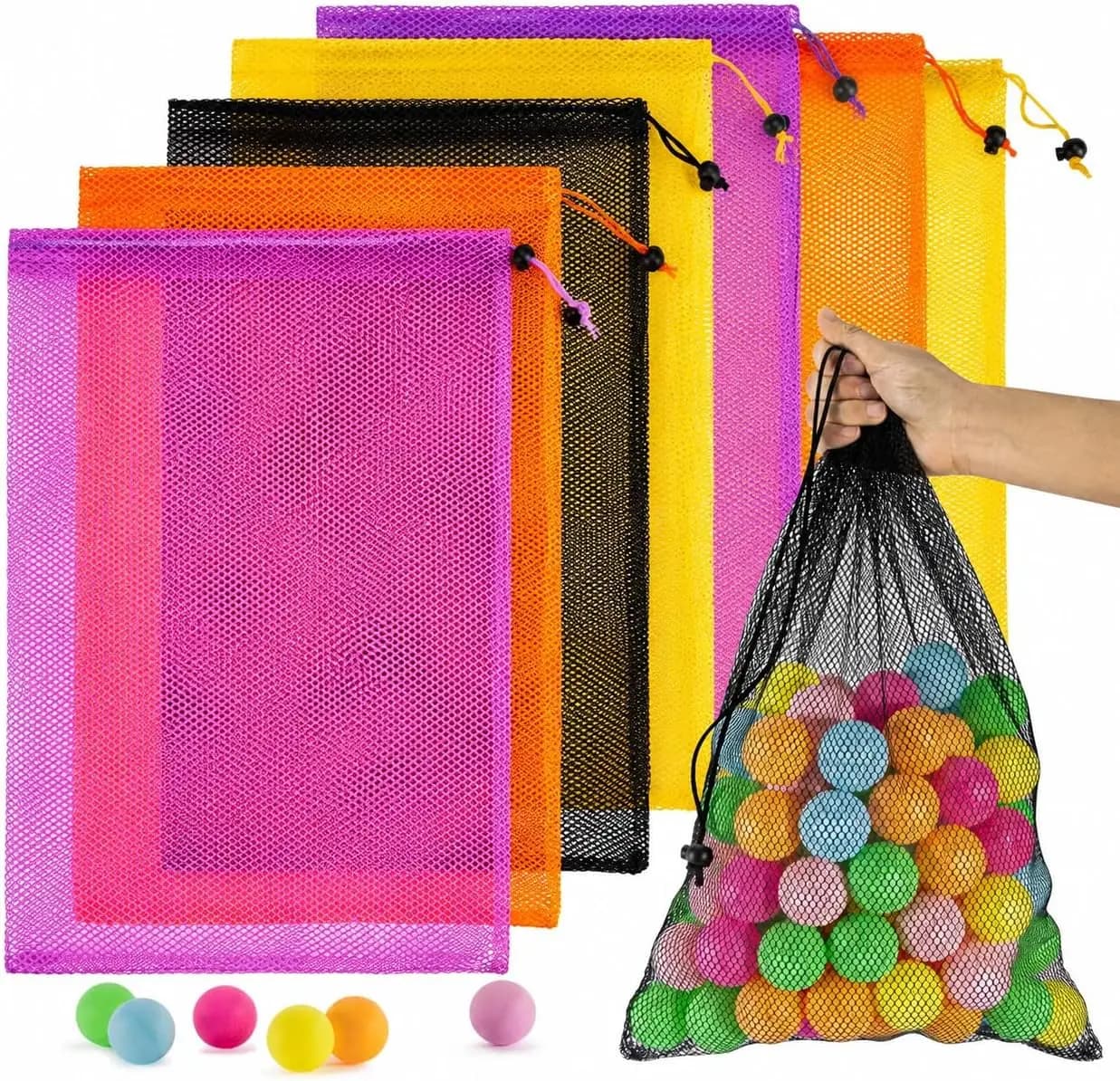 Set di 7 Sacchetti a Rete Colorati con Cordoncino - 18x12 Pollici in Nylon per Viaggi, Palestra, Lavanderia