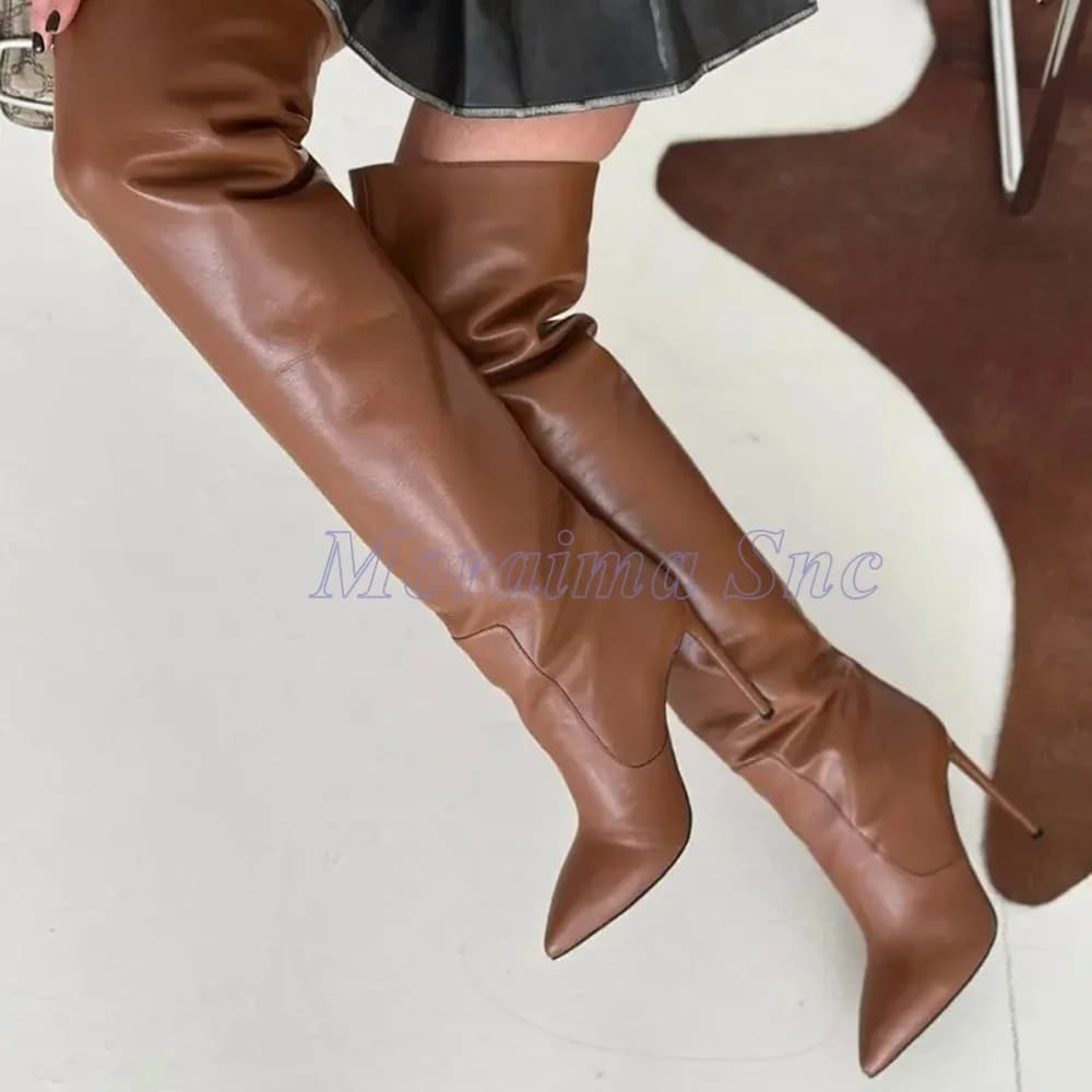Stivali Sexy Sopra il Ginocchio a Punta con Tacco Alto a Spillo, Slip-On, per Polpacci Larghi, Moda Donna Autunno Inverno 2026
