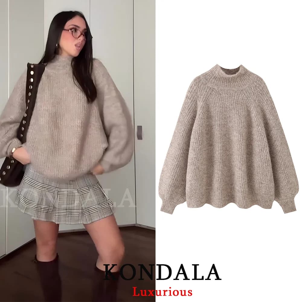 KONDALA Casual Chic Khaki Maglioni lavorati a maglia Donna Mezza dolcevita Manica lunga Maglioni oversize Moda 2026 Primavera Morbida ragazza Top