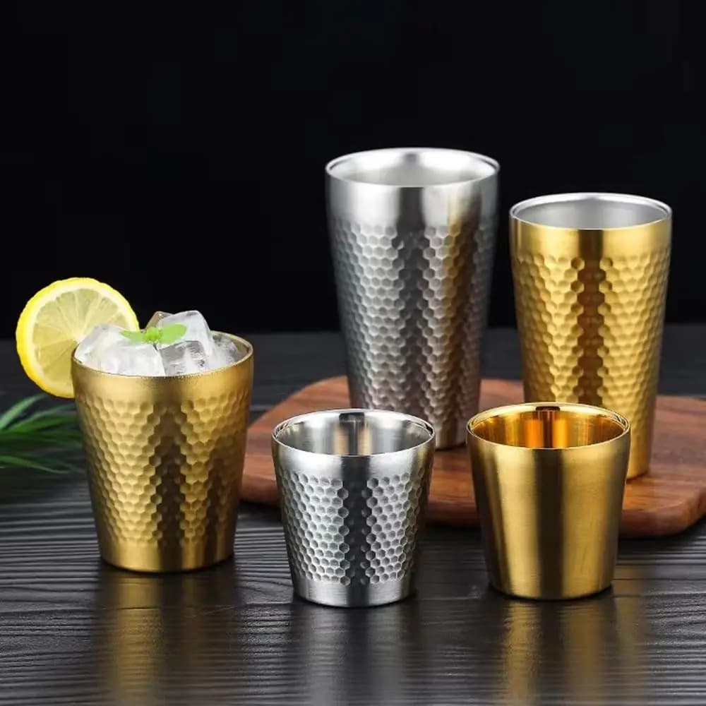 Bicchieri da birra a doppia parete in acciaio inossidabile Texture martellata Mantieni bevande d'acqua fredda e fredda Tazze da latte anticaduta in stile industriale