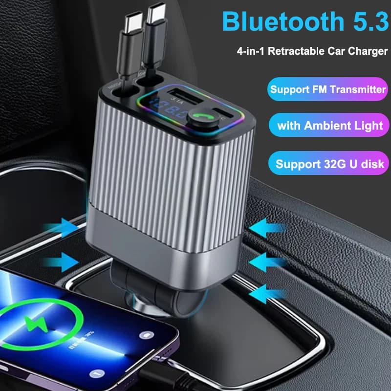 Bluetooth FM Transmitter for Car Charger 4 in 1 with Retractable Cable USB Type C Quick Charging Adapter for iPhone Mobile