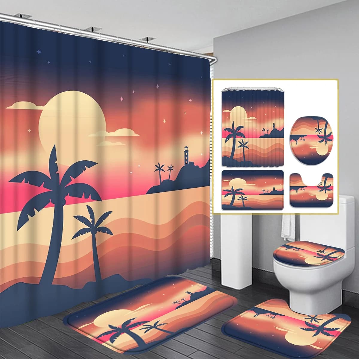 Albero di cocco 4 pezzi tenda da doccia tenda da bagno, tenda da doccia con 12 ganci, coperta da bagno antiscivolo, tappetino da toilette a forma di U,