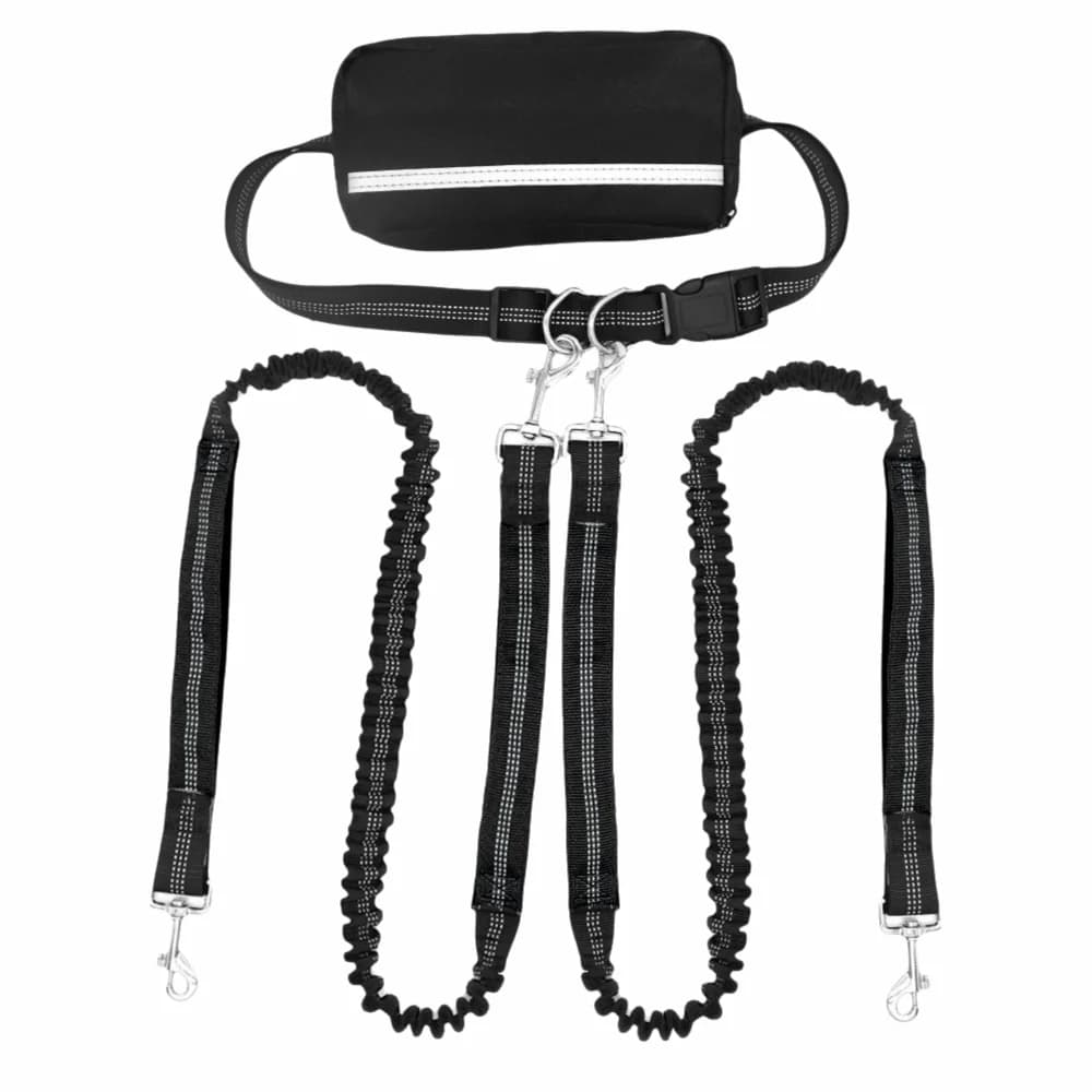 Adjustable Double Dog Leash with Pouch Anti-Tangle Waist Bag Belt Dog Running Leash Elastic Strap No Pull Leash