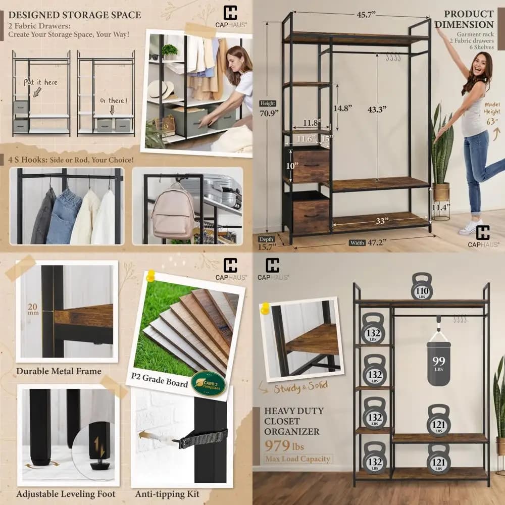 Metal hanger Resistant with Barre Coats and Drawers in Fabric, Rustic Oakwood shelves, Self-supporting Armadio Organizer