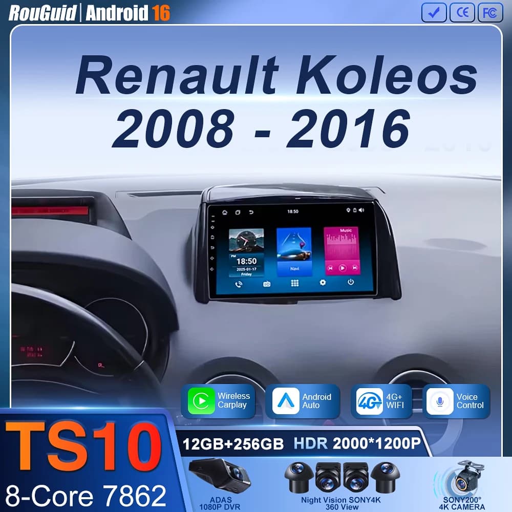 For Renault Koleos 2008-2016 Wireless CarPlay for Apple Android Auto Car Radio GPS IPS RDS FM WiFi BT 4G 8Core Multimedia Stereo