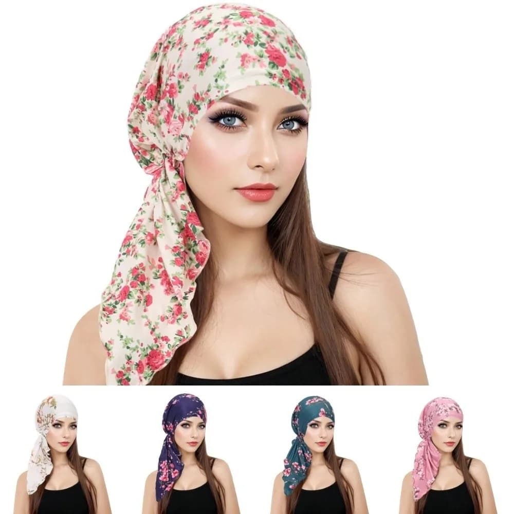 Pre-Tied Soft Turban Hat Soft Fabric Floral Printed Pre-Tied Head Scarf Stretchy Material Adjustable Fit Chemo Cap Hijab Style